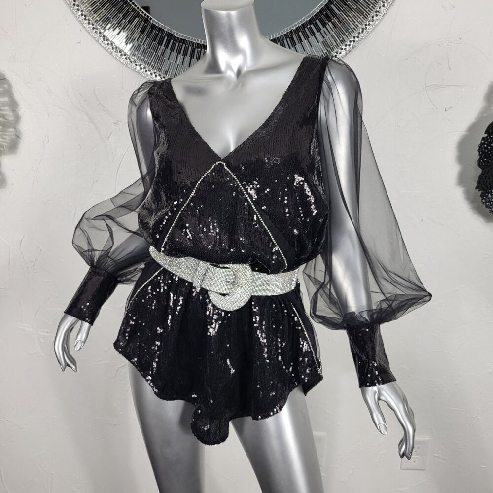 NWT~$785~WANDERING~XS/S~BLACK SEQUIN RHINESTONE BALLOON SLEEVE MINI DRESS BLOUSE